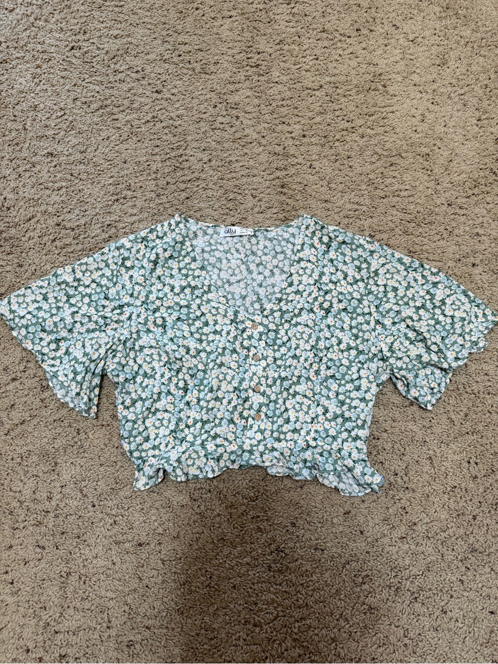 Ally Fashion Green Daisy Print Ruffle Hem Crop Top